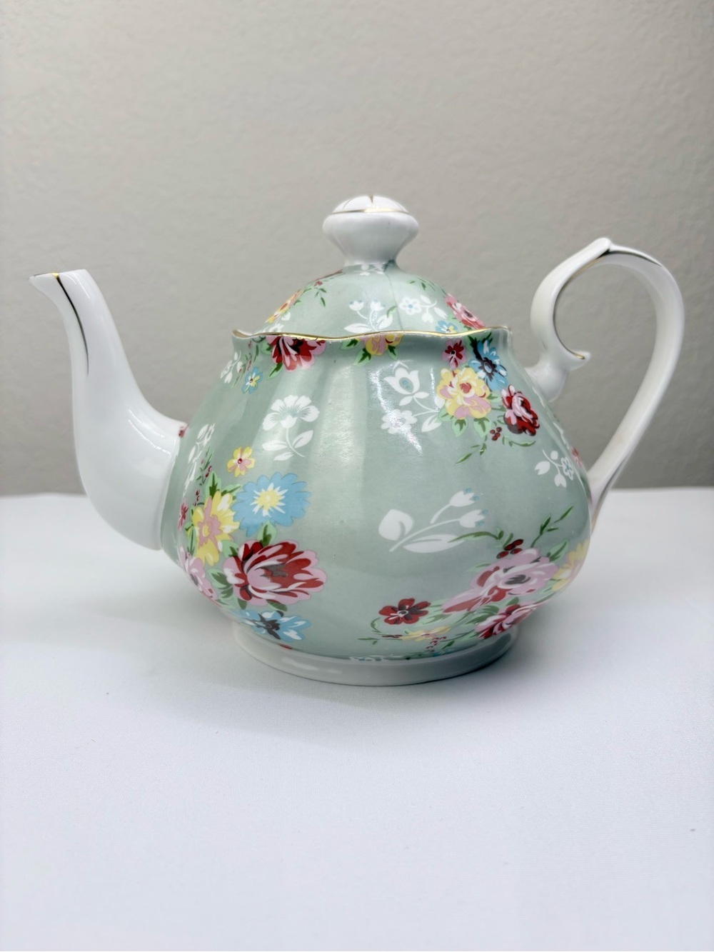 Gracie China Teapot Featuring A Sage Green Floral Chintz Pattern With Gold Trim